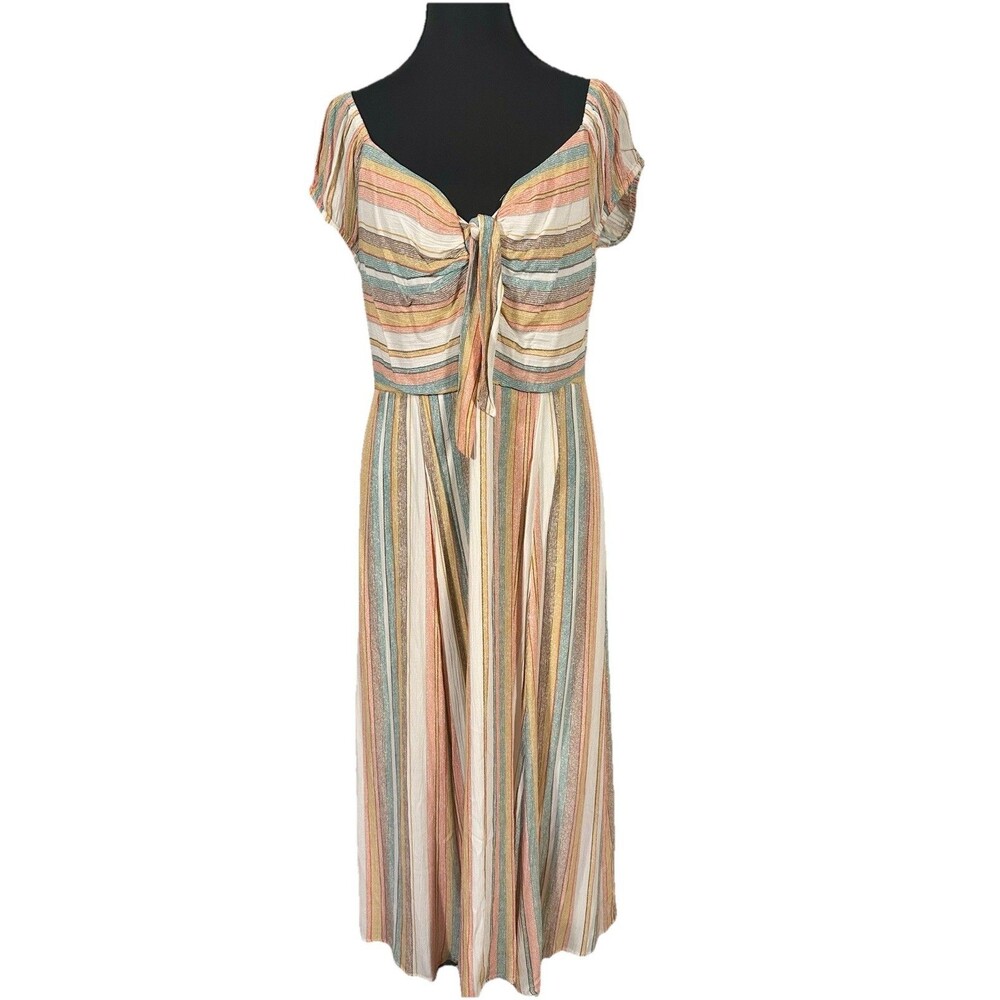 June & Hudson Pastel Striped Tie Front Sweetheart Boho Cottagecore Midi Dress M